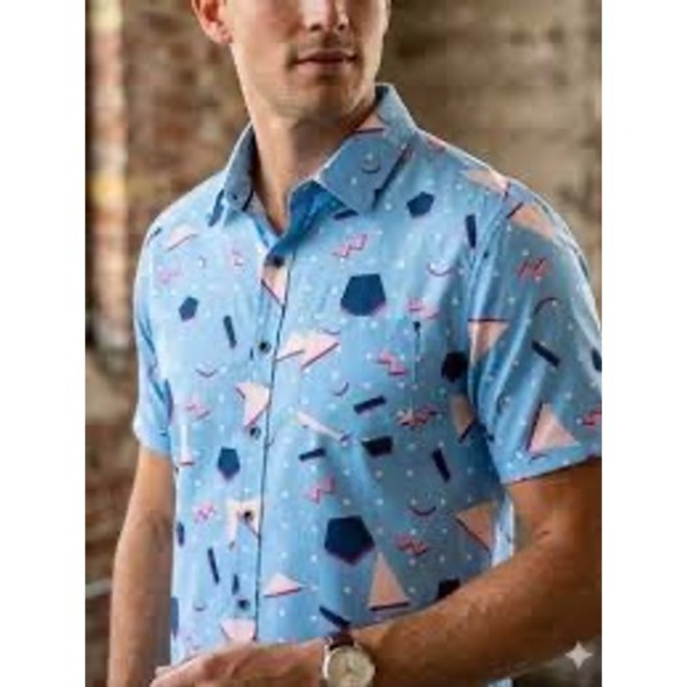 VSTR Mens 4-Way Stretch Short Sleeve Button Down Shirt Blue Geometric 80s Medium